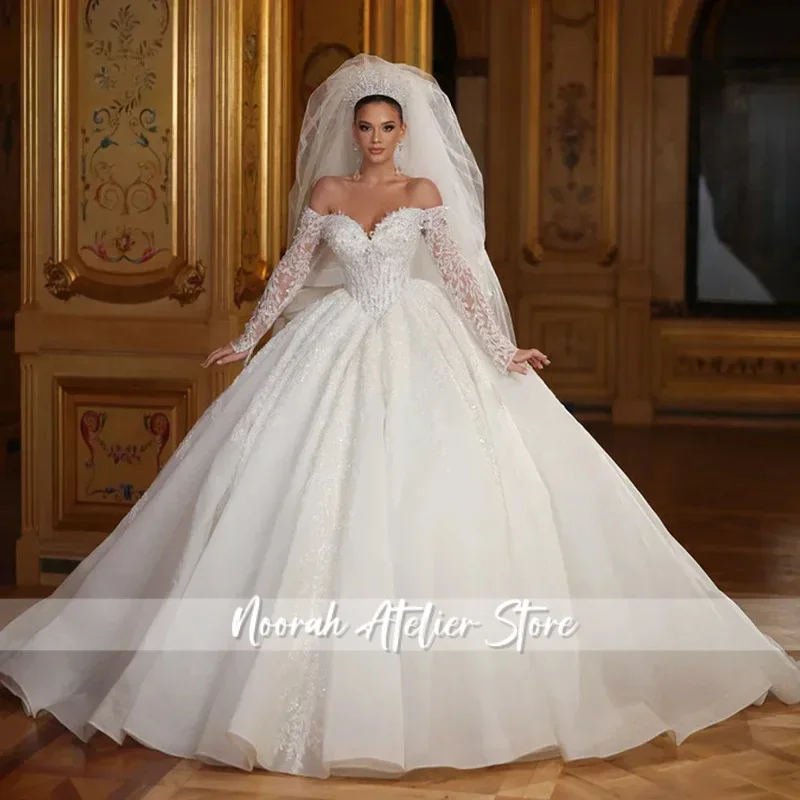 Customized Elegant Princess Wedding Dresses Sweetheart Off The Shoulder Pearl Lace Applique Bridal Gown Train Vestidos De Novia