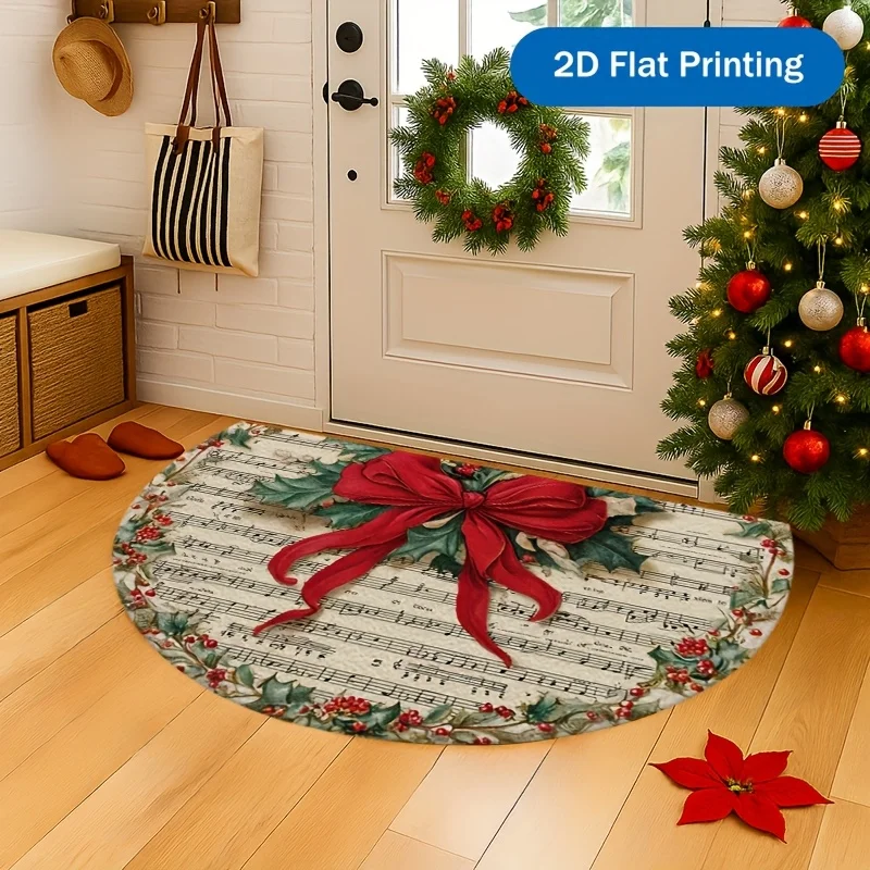 VIKAMA Half Round Xmas Doormat Musical Note Red Bow Holly Element Non Slip Rug For Porch Living Room Holiday Home Decor