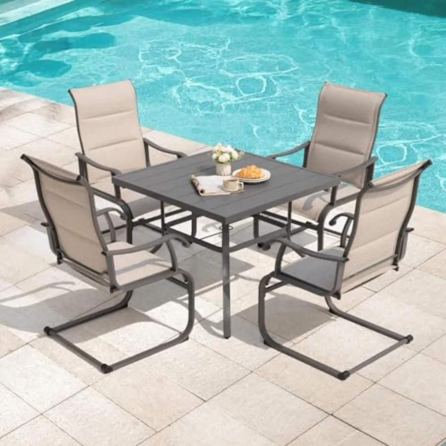 

Комплект садовой мебели из 5 предметов: стол 94 см с отверстием для зонта и 4 стулья из текстилена, устойчивые к атмосферным воздействиям