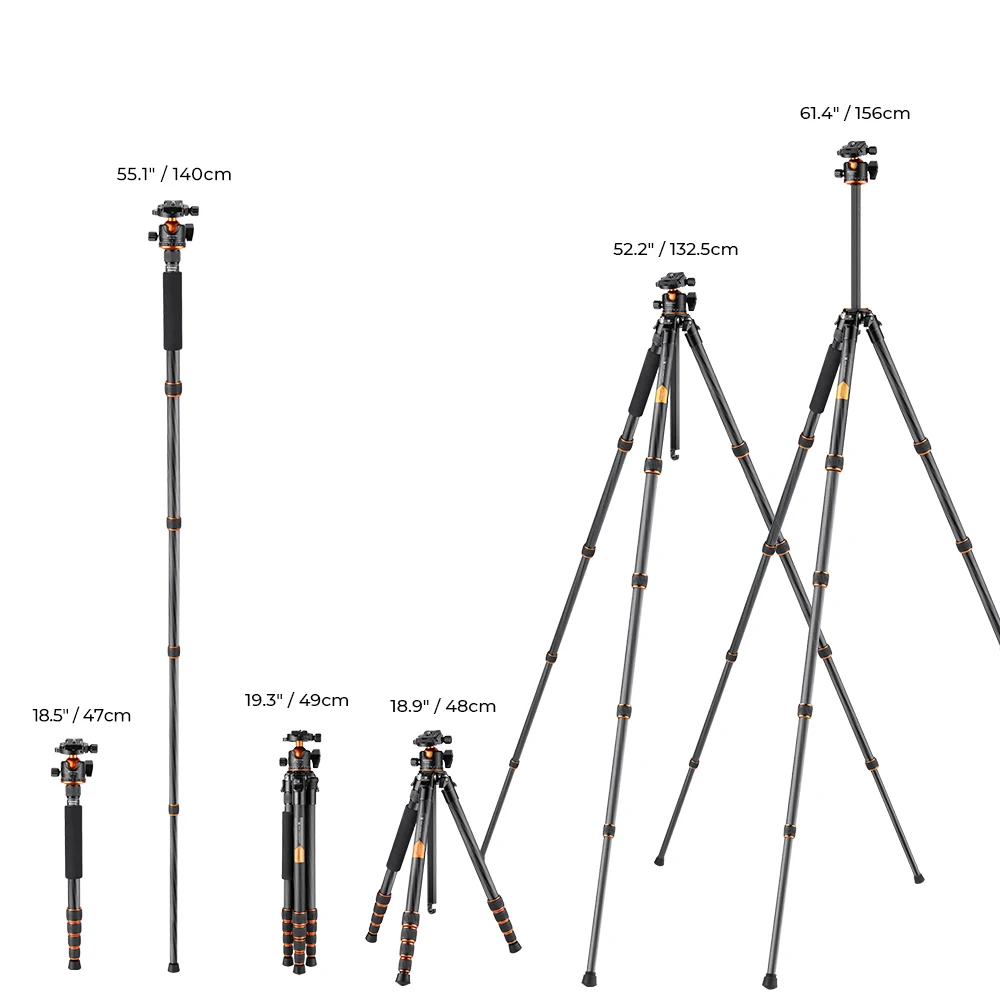 K&F Concept Professional Carbon Fiber Tripod 15kg/33lbs Max Load  Compact & Portable with 360° Ball Head & Detachable Monopod