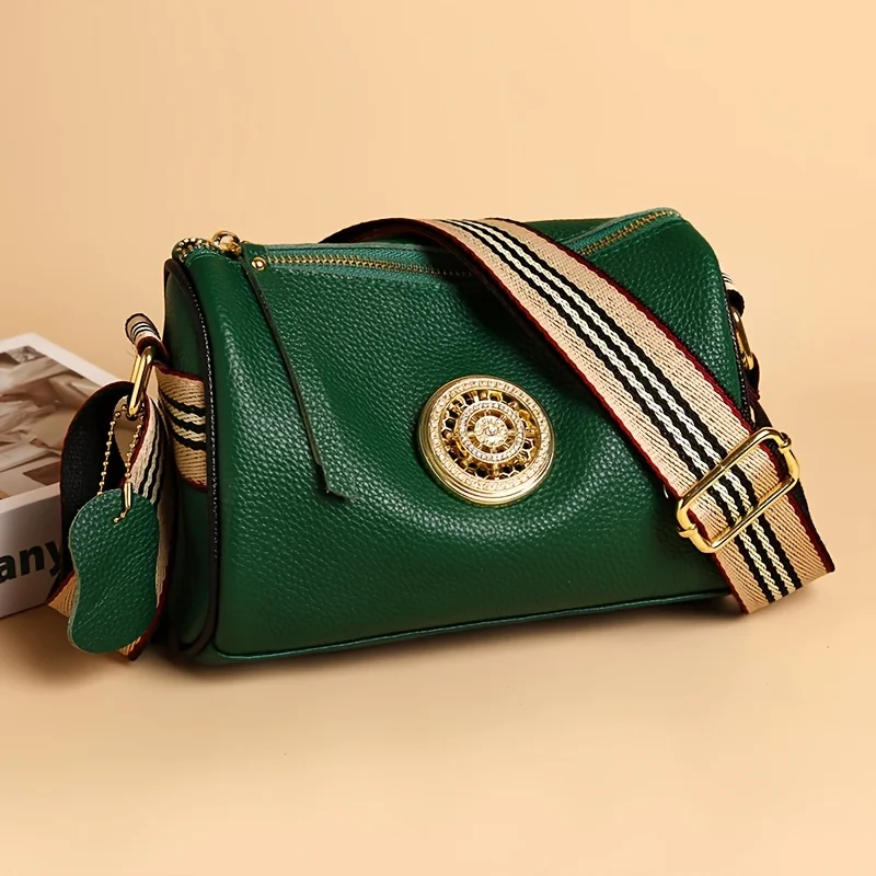 Genuine Leather Crossbody Bag, Stylish Black, Camel, Green Women\'s Trendy Handbag with Adjustable Strap, Waterproof