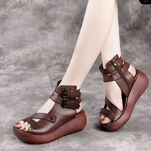 

Women Summer Sandals Mid Heels Wedges Shoes Ladies Vintage Leather Plus Size 40 Sandalias Mujer Sapato Feminino Fashion Footwear