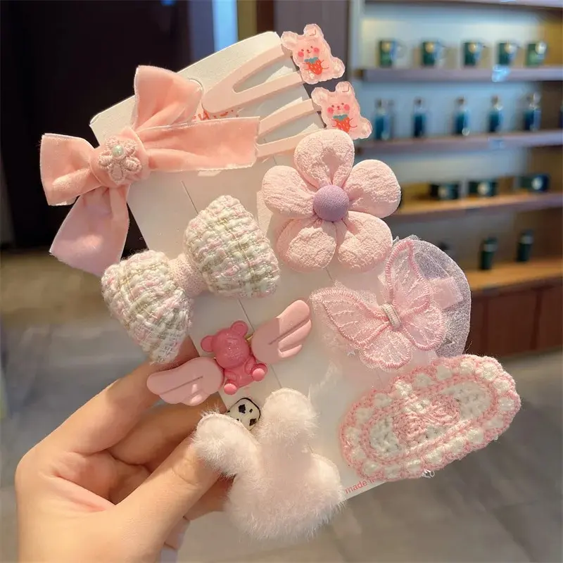 8/9PCS Children\'s Plush Hair Clip Colorful Cute Cartoon Hairpins Little Girls Side Barrettes Baby Headwear Kids Hair Accessories