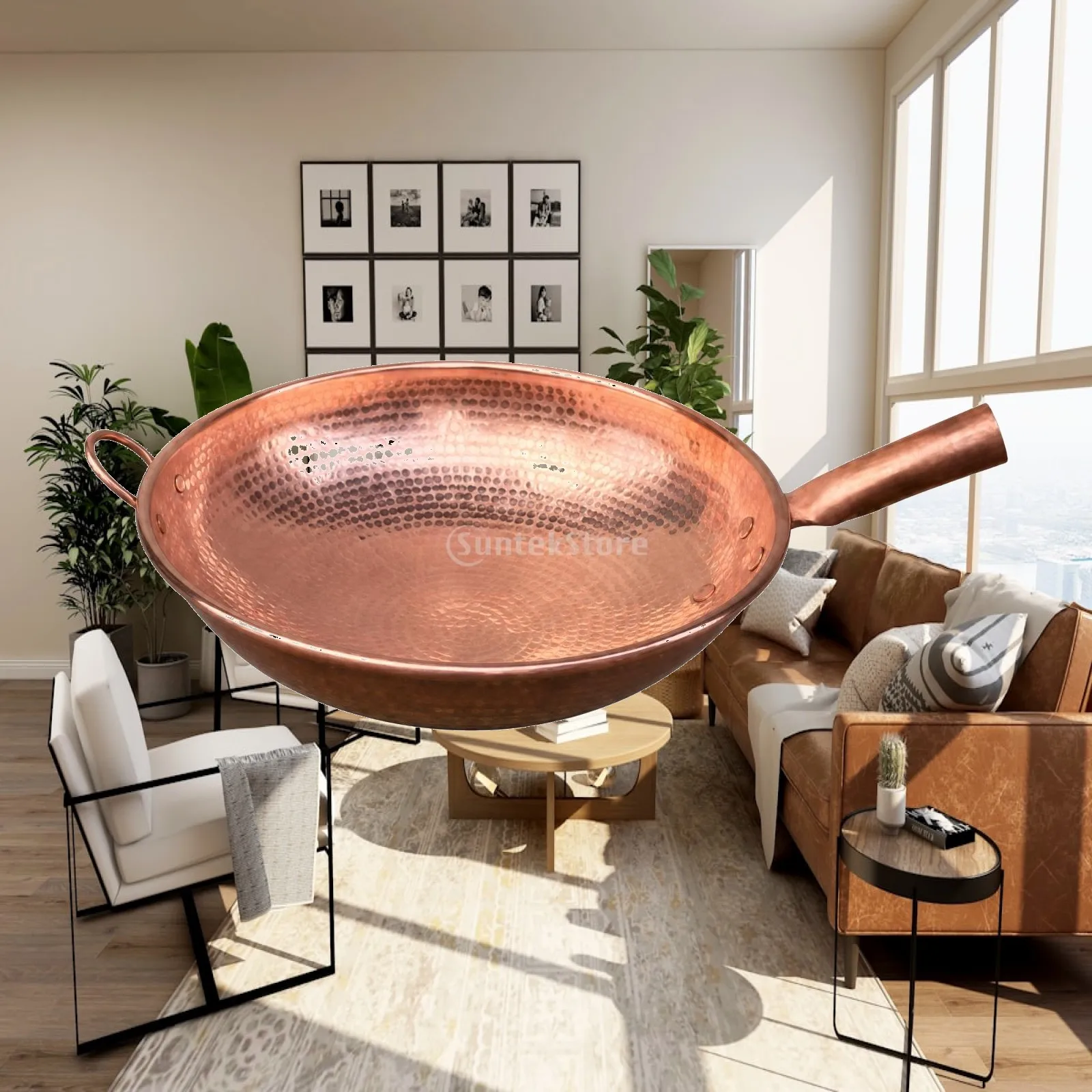 Copper Cooking Pot for Gas Stove Handmade Hammered Interior Deep Wok Pan with Loop Handle Even Heat 1.5L Capacity