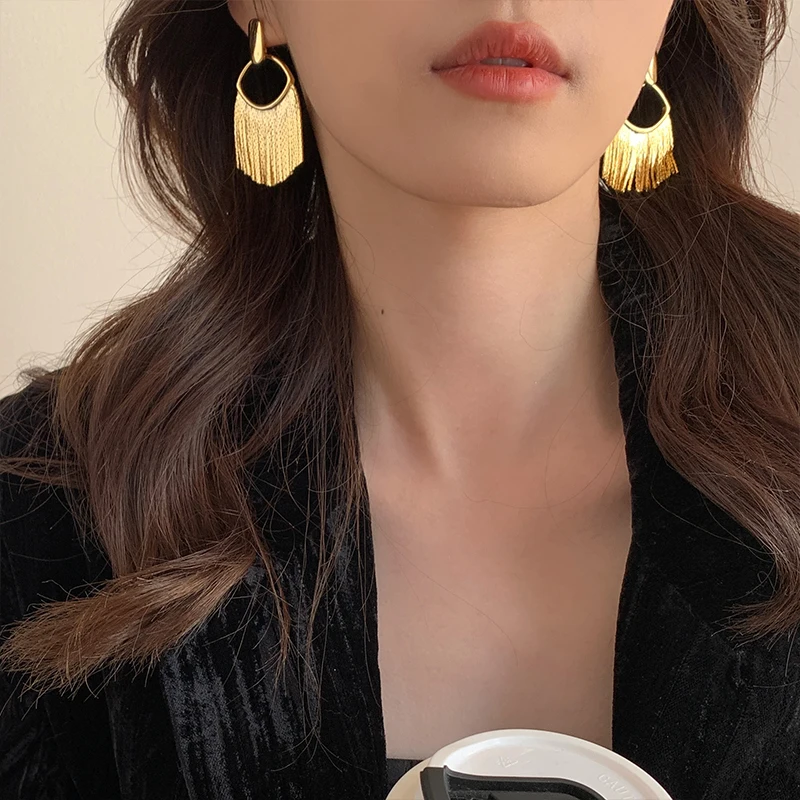 

New trendy exaggerated fringed metal earrings for women, niche design sense advanced stud earrings