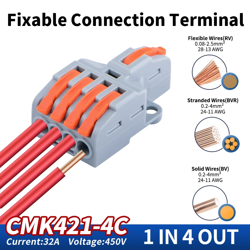JINH 25pcs Compact Splice Pack 2-4 Way Spring/Lever Quick Wire Connector CMK421-2/3/4C Color-Coded Body for Electrical Wiring