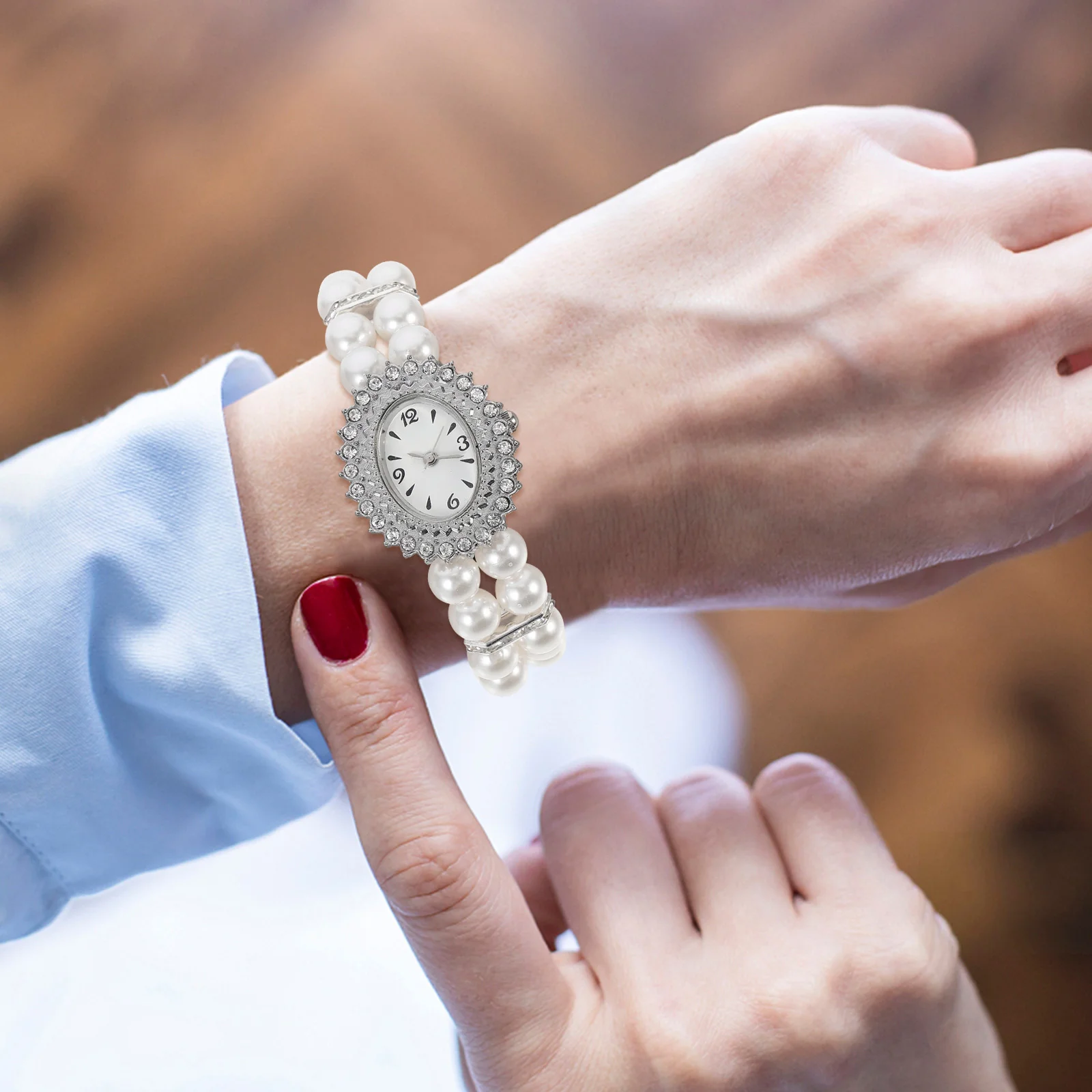 1Pcs Female Watch Double Rows Pearl Design Imitation Pearl Bracelet Elegant Casual Wristwatch Fashion Girls Students Gift Watch