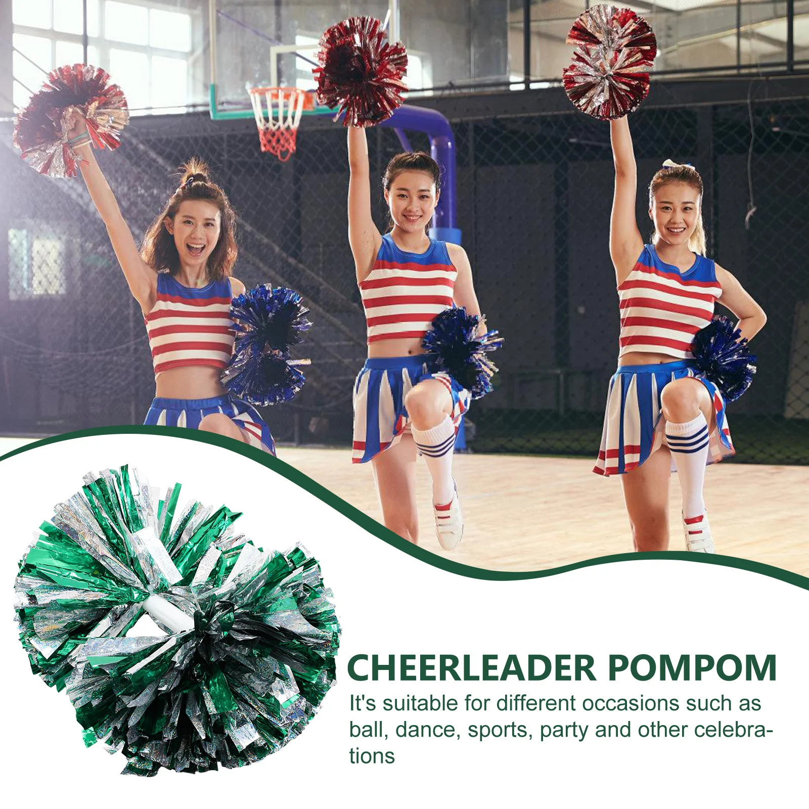 

Cheerleader Pom Poms With Stick Shiny Lightweight Reusable For Sports Dancing Festival Spirit Decorative