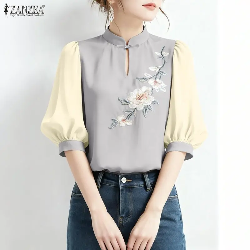 

2026 ZANZEA Women Summer Embroidered Floral Blouse Elegant Work Shirt Casual O Neck Half Sleeve Tops Buttons Blusas Tunic Femme
