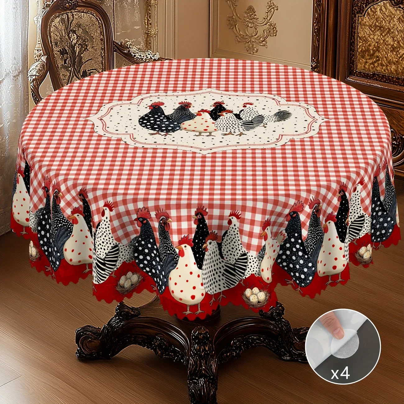 1 pieza de mantel redondo y rectangular de estilo rústico vintage, disponible en varios tamaños, con un diseño divertido de gallina con lunares y un lindo diseño de gallina moteada, mantel estampado con huevos redondeados y lunares finos, con bordes en relieve, adecuado para mesas de comedor en el hogar, jardines, decoración del hogar en primavera y verano, y decoración de mesas de patio.