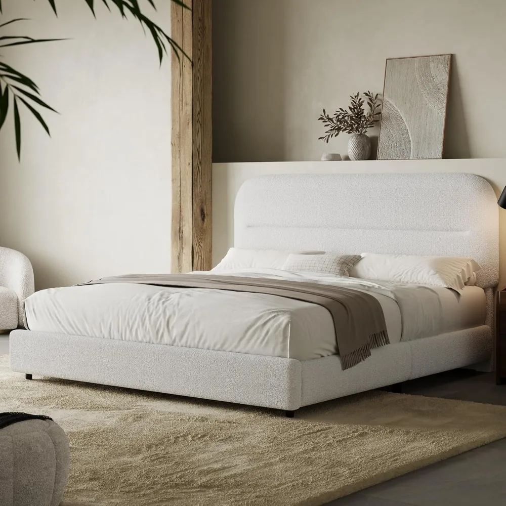 

Boucle Bed Frame, Upholstered Bed Frame with Headboard, Soft Cloud Bed with Thickened Footboard, Rounded Corne