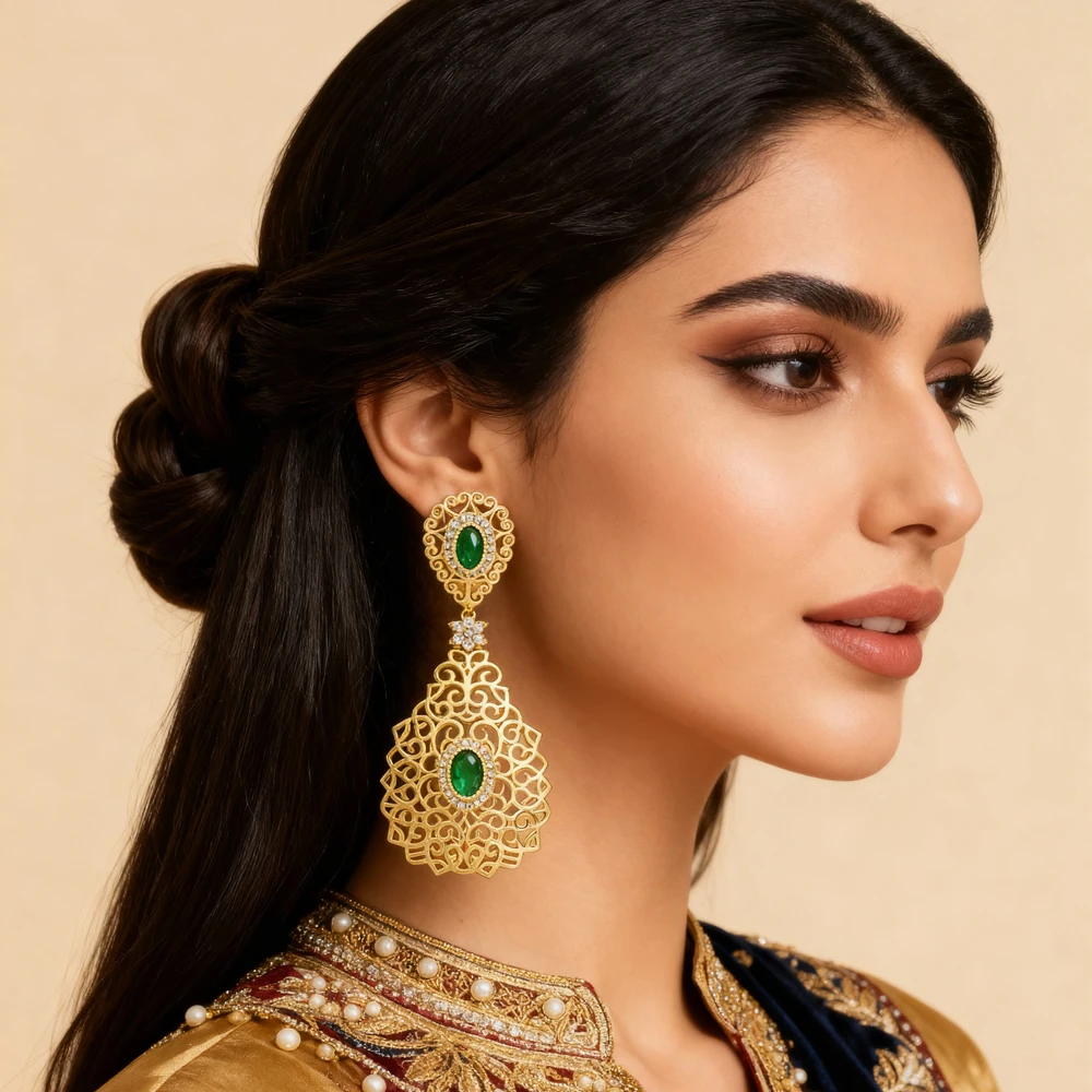 Gold Color Water Drop Earrings Moroccan Trendy Green Stone Bridal Earrings for Women Arabesquitic Pendientes Mujer