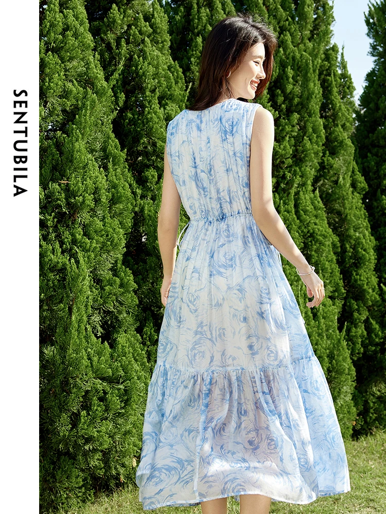 SENTUBILA Lyocell Print A-line Holiday Dresses for Women 2024 Summer Chiffon Fold Lace Up V Neck Sleeveless Midi Dress 142L54279