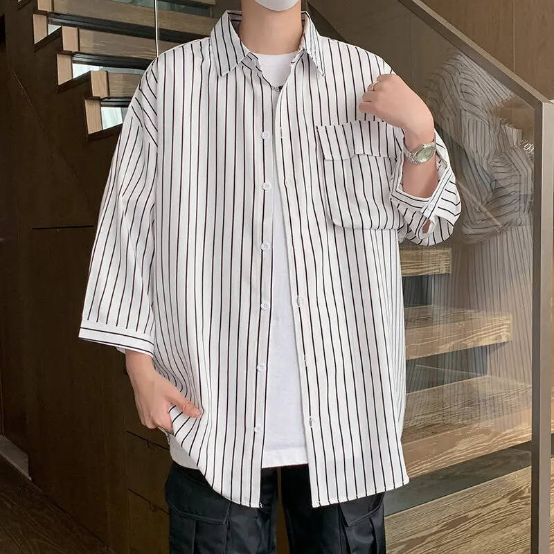 Summer Short Sleeved Shirt Men Pocket White Shirt Men Korean Casual Loose Striped Shirt Mens Office Formal Shirts Large Size 5XL