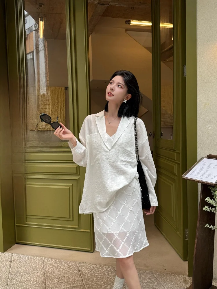 

White Large Collar irt V-Ne Texture Loose Long Sve mat Vintage High-End Feeling Women's Casual Faion Top