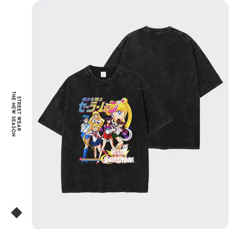 Bandai Anime S-Sailor Moon T-shirts Vintage Washed Michiru T Shirt Tsukino Rei Makoto Marina Usagi Tops Tees Men