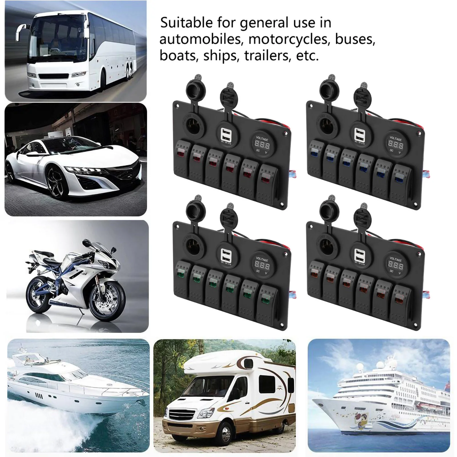 

12 В 24 В 6-бандовая автомобильная лодка, морская светодиодная кулисная панель, двойной USB-вольтметр, прикуриватель, панель для лодки, панель автомобильных переключателей