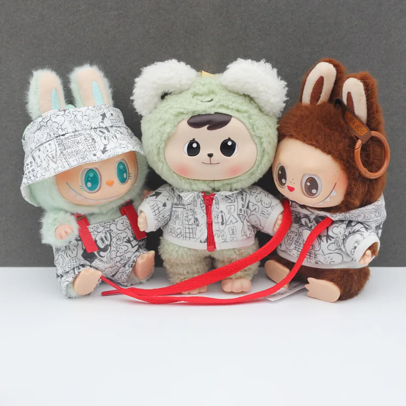 17 سنتيمتر صندوق أعمى يجلس حفلة Labubu الجيل الثاني Bjd قلادة الطباعة الكرتون هوديي الملابس الشاملة تنوعا