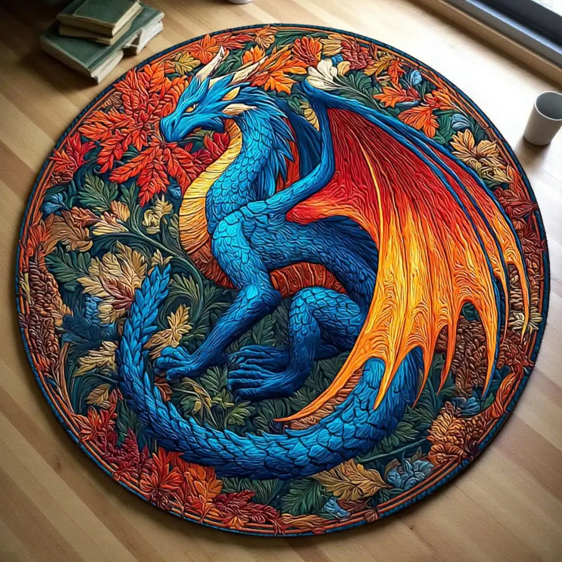 Round Area Rug Coiled Blue Dragon Silhouette Vibrant Orange Flame Wings Autumn Maple Leaves Border For Tabletop Showcase Floor