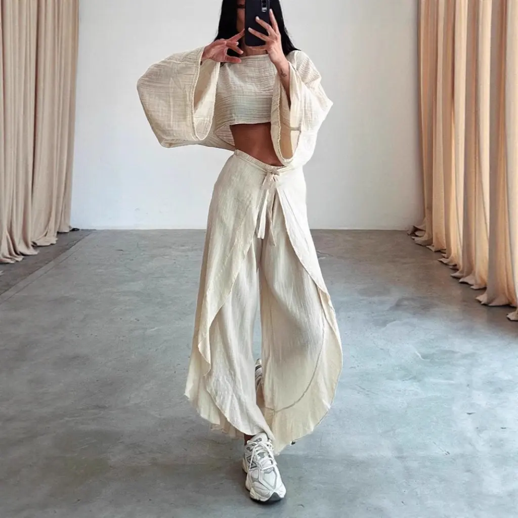 

Женская модная свободная куртка и брюки из хлопка и льна, костюм из двух предметов, независимая станция для европейских и американских рынков