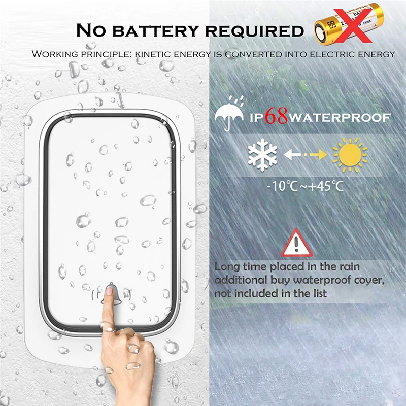 배터리 없는 스마트 야외 무선 초인종, 와이어링 없는 IP68 방수 무선 플러그, 자체 전원 단추 링 초인종