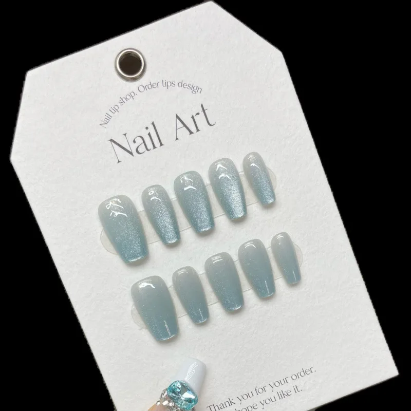 10pcs sea salt ice blue cat eye handmade wearable false nails full cover fake nails press on glitter stick on nails