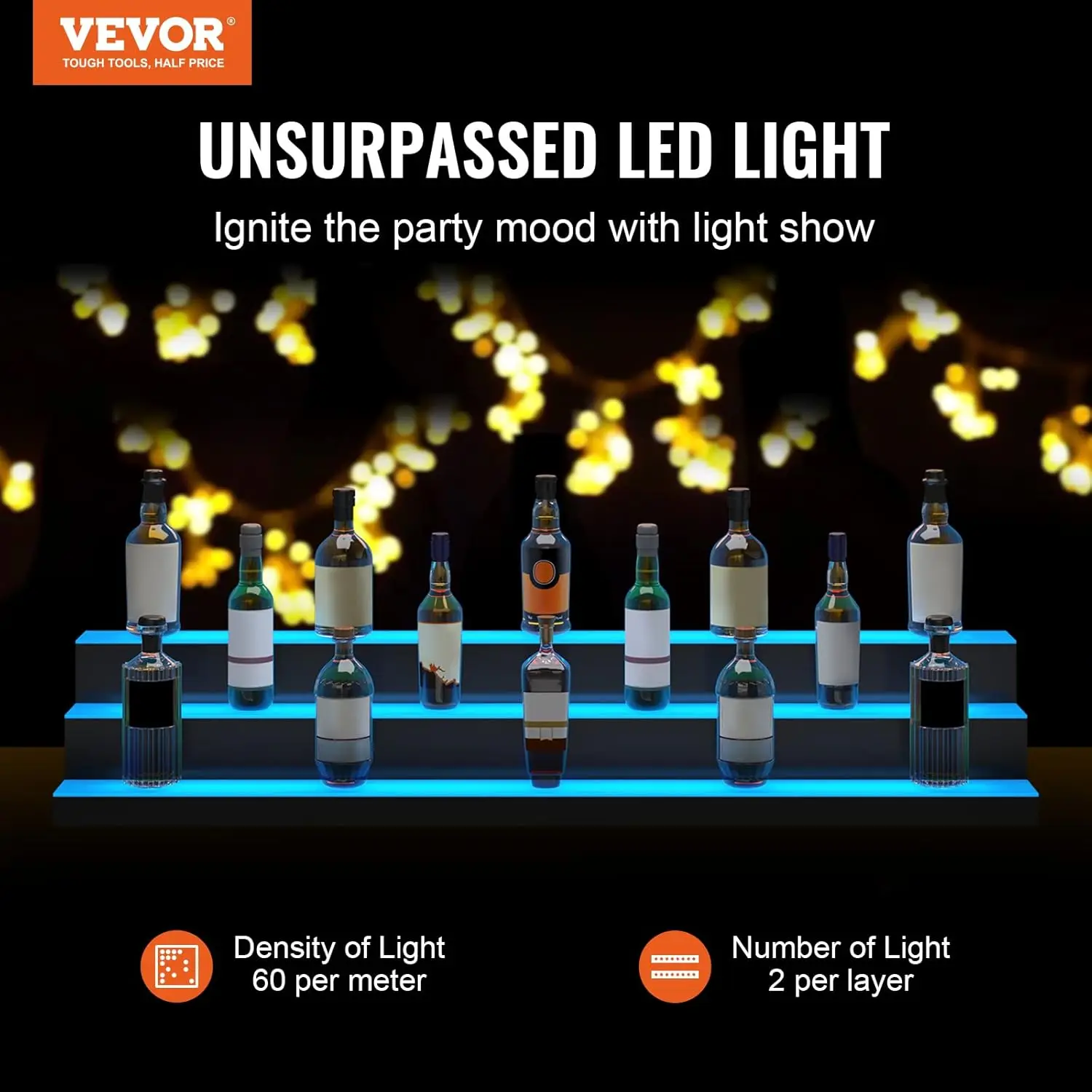 Display LED Iluminado Garrafa De Licor, Iluminado Home Bar Prateleira Com Controle Remoto RF, Suporta USB, 3 Tiers, 60 Polegadas