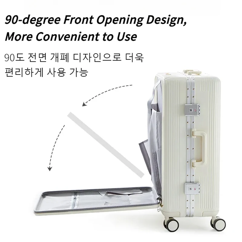 롤링 러기지 PC 알루미늄 프레임, 바퀴가 달린 다기능 전면 슈트케이스, 트롤리 USB 충전 지퍼, 새로운 패션