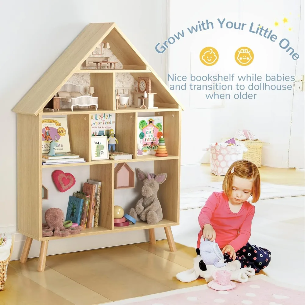 Kids Dollhouse Bookshelf and Baby Storage - Wooden Stand Dollhouse Bookcase with 4-Tier Storage Display Organizer8.8Dx33.4Wx46H