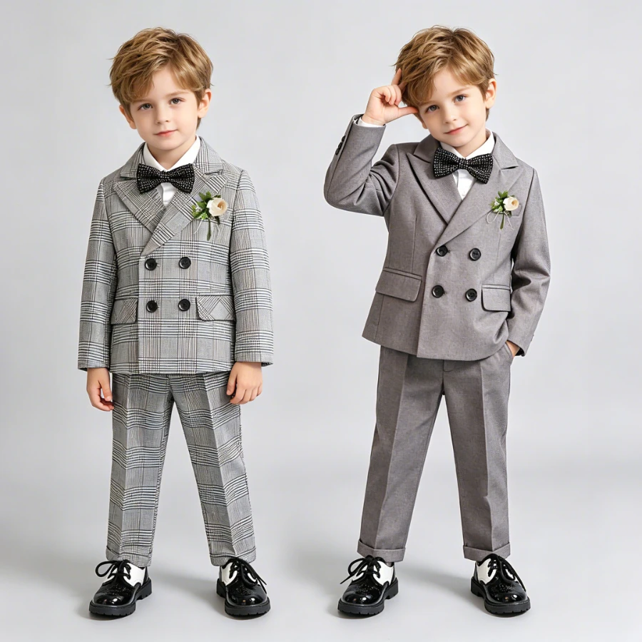 Boys Formal Suit Double Breasted Blazer Pants Kids Wedding Birthday Party Bow Tie Flower Brooch Children Ceremony Clothes Set