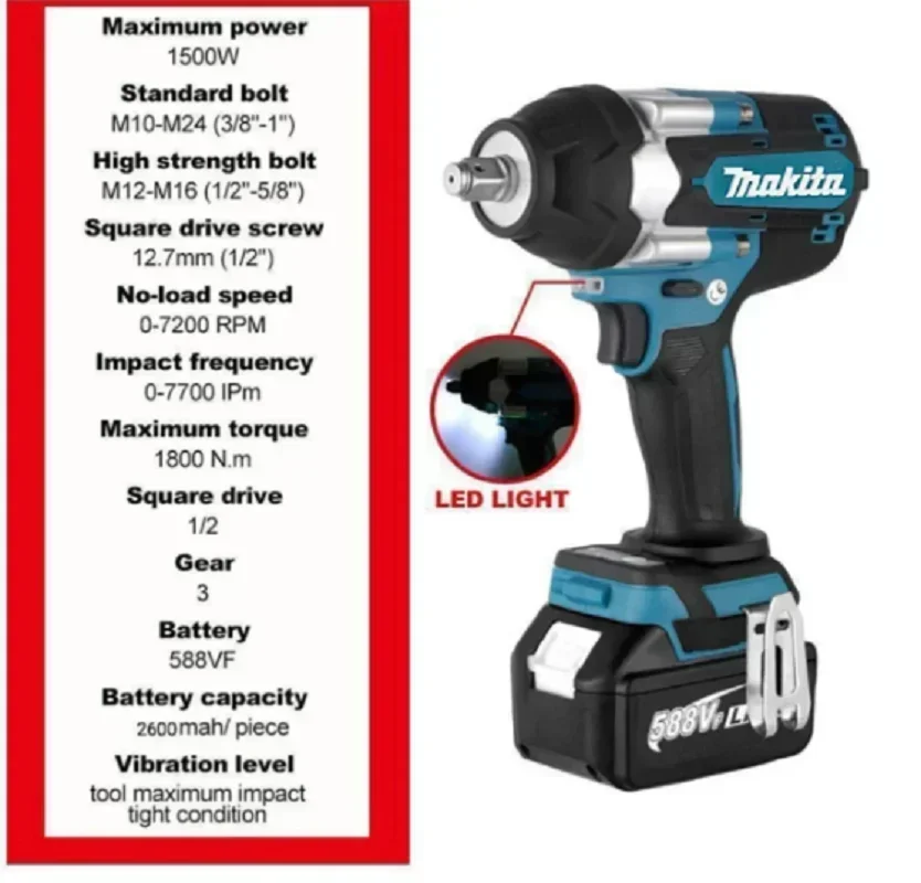 Imagem -02 - Makita Dtw700 18v Chave Elétrica sem Escova Furadeira sem Fio Chave de Fenda Entrega Gratuita Grande Torque Ferramentas Elétricas Chave de Torque Novo