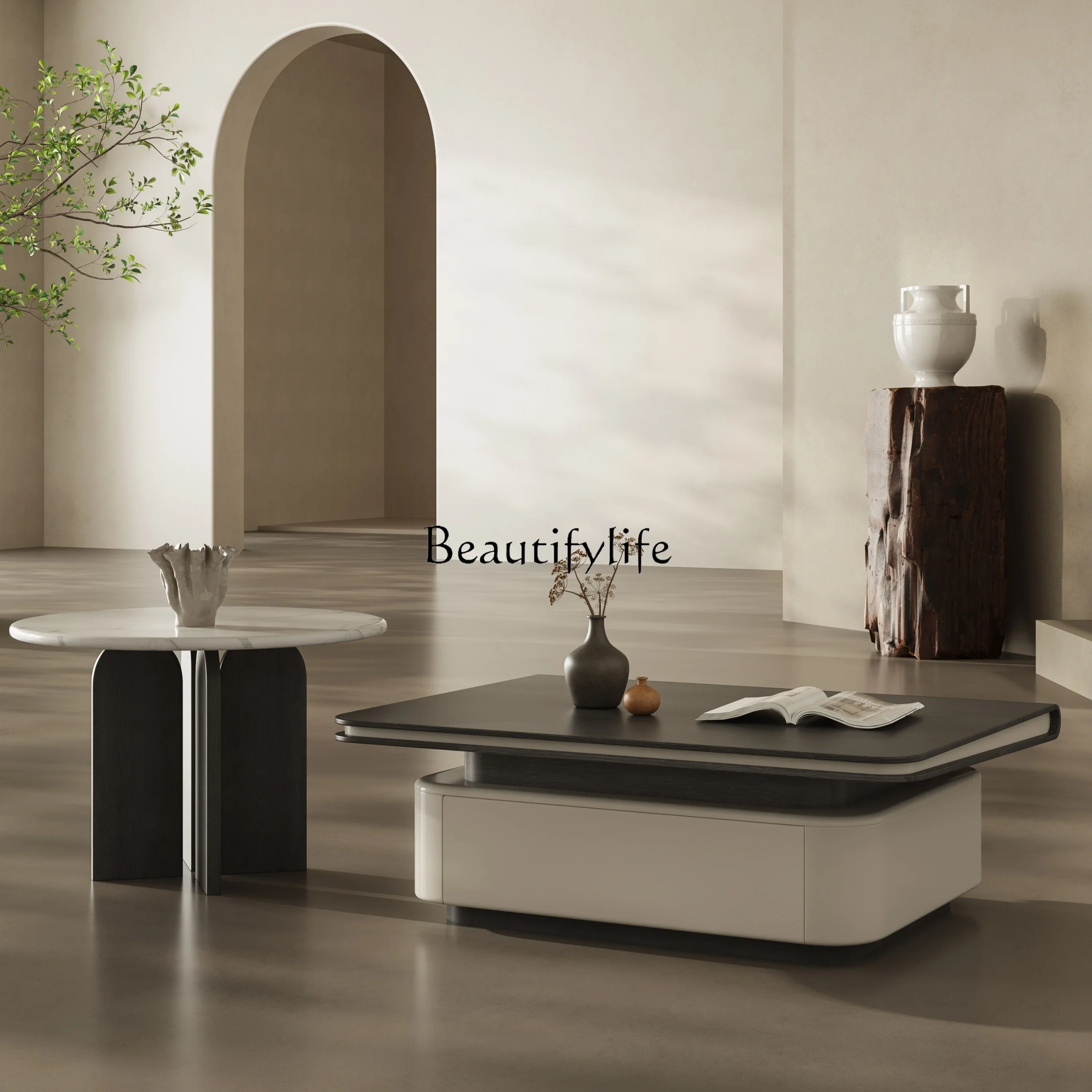 

ls 18Wabi-Sabi Living Room Coffee Table Storage Minimalist Black and White Modern High-End Table