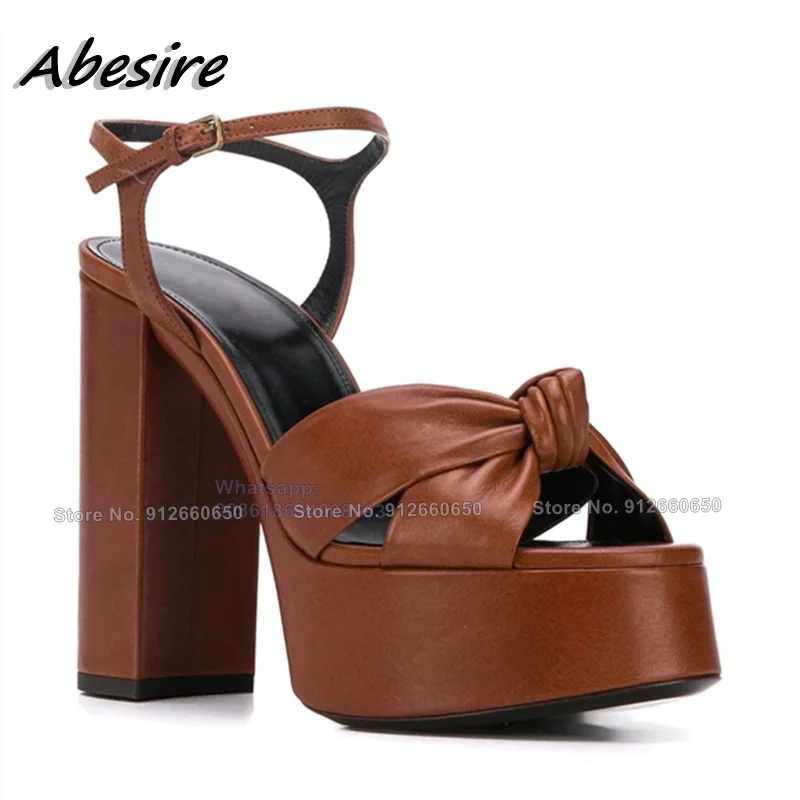 Abesire Red Platform Sandals Women Bow Knot  Apricot Ankle Buckle Round Toe Chunky High Heel Sandals Beige Shoes On Heels Summer