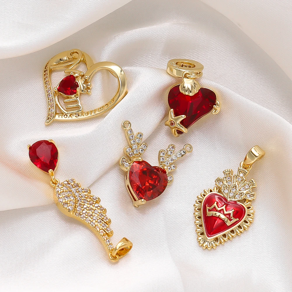 1Pcs/Lot 18K Gold Plated Red Color Series Victorian Love Zircon Charms Pendants for DIY Necklace Jewelry Making Supplies