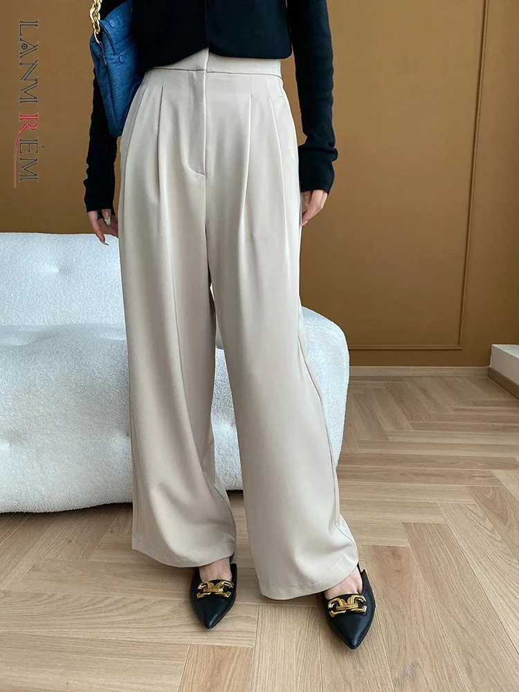 

[LANMREM] High Wait Pleated Wide Leg Pants For Women Straight Office Lady Loose Trousers Fashion Solid 2024 Autumn New 26C160