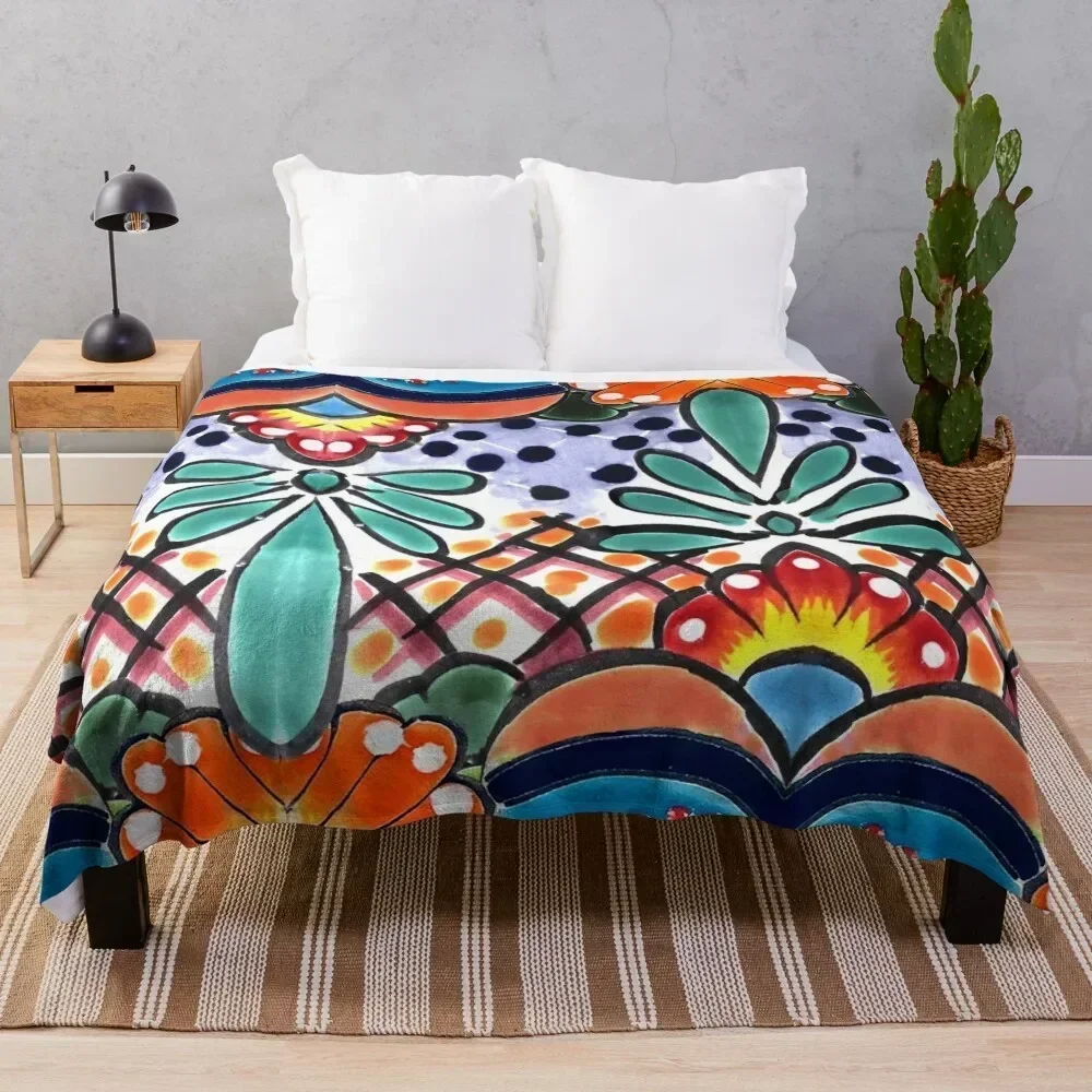 Colorful Talavera, Orange Accent, Mexican Tile Design Throw Blanket Warm Napping Blanket for Office Couch Bed