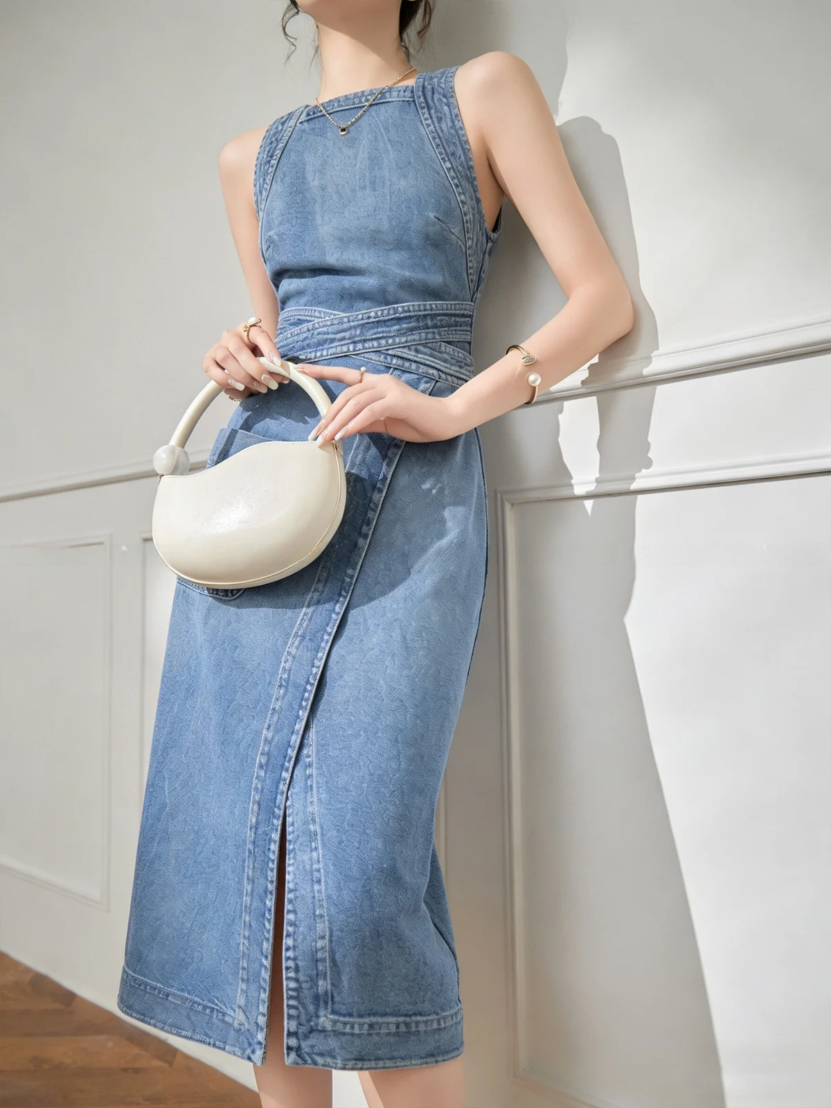 Fashionable Lulu Denim Halter Dress Summer 2026 Casual High Waist A-Line Long Skirt Sweet Style Long Sleeve Women's Dress