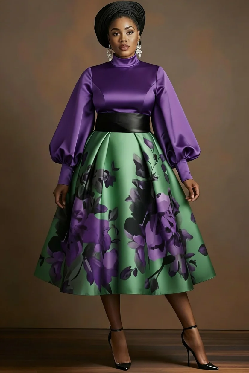 Women's Elegant Floral Pleated A-Line Evening Midi Dress Satin Lantern Sleeve High Waist Casual Colorblock Spring Fashion Dress