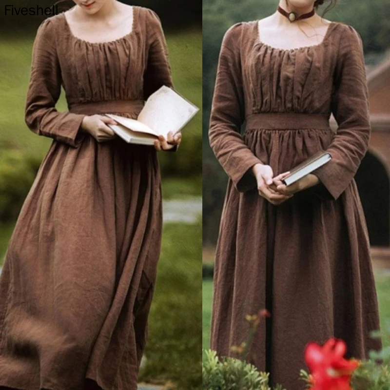 Robe New Women Medieval Victorian Retro French Apparel Dress Square Collar Long Sleeves High Waist Brown Temperament Long Dress