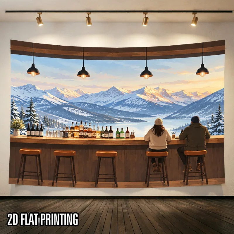`Alpine Bar Scene Tapestry, Snow Mountain Ski Bar Counter People Drinks Winter Nature Wall Hanging for Home Party Wall Ornament`