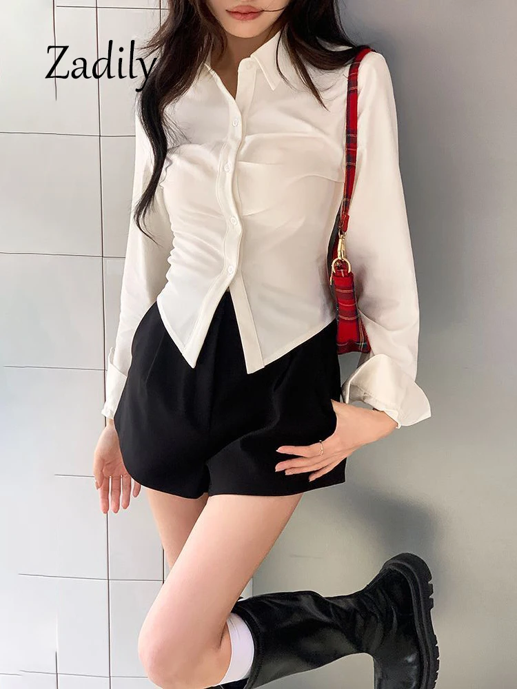 Zadily 2024 Spring Office Lady Women White Short Shirt Korea Style Long Sleeve Button Up Slim Work Blouse Woman Clothing Tops