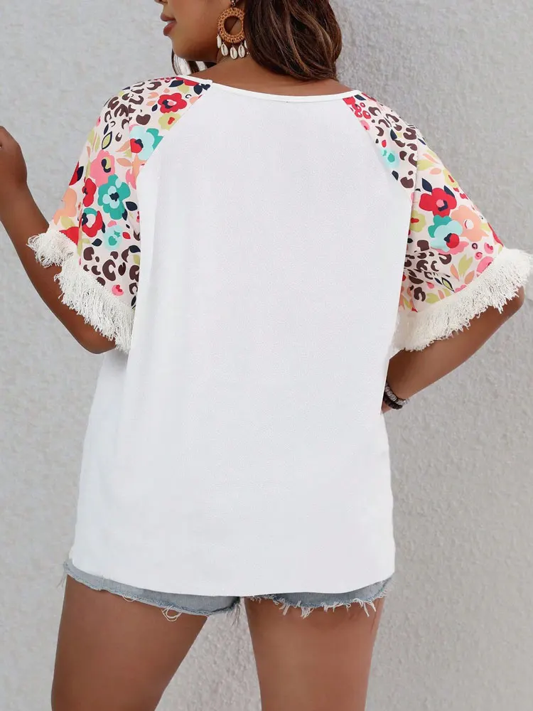 Women's Short Sleeve Floral Graphic T-Shirt Elegant Polyester Blouses with Tassel Curvy and Youth, Summer O-Neck Plus Size, 2023