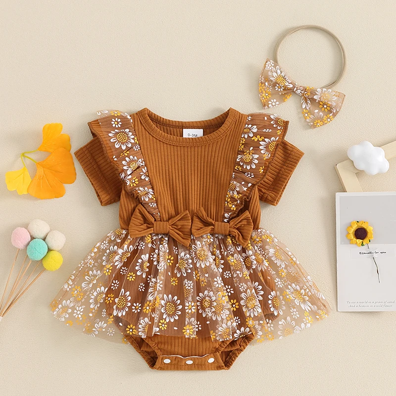 

Lioraitiin Baby Girls Romper Dress Short Sleeve Bowknot Flower Print Mesh Skirt Hem Infant Jumpsuit Summer Clothes with Headband