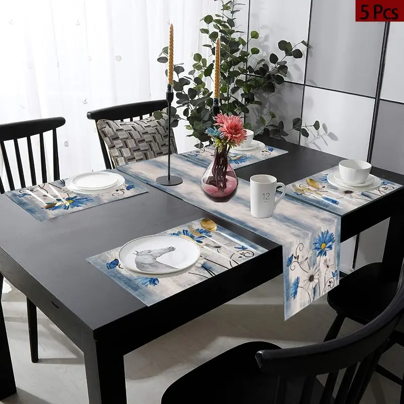 VIKAMA American Country Flower Table Runner Placemats Set Waterproof Anti Slip Kitchen Dining Table Mat