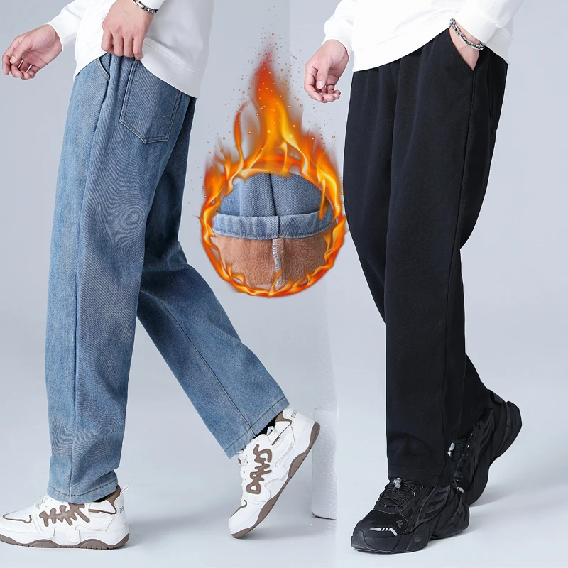 

Fce Lined Straight Leg Jeans Men's Winter Thi Casual Pants Youth Trendy Warm Long Trousers Comfortable Cotton Polyester ...