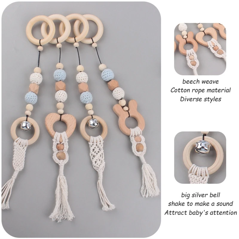 4-Pack Wooden tassel Baby Gym Toy Wood Ring Nursing Rattle Toys small bell Play Gym Activity Hanging Pendants Toys Shower Gift