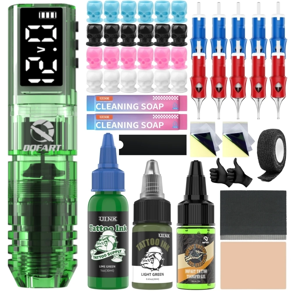 DQFART Green P1 Led Digltal Display Electric Wireless Tattoo Machine Kit Tattoo Ink Needles Transfer Beginner Tattoo Artists