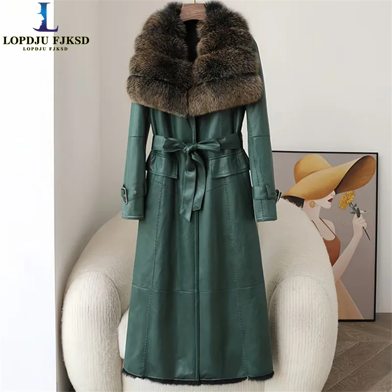 Faux Leather Coat for Women,Faux Fox Fur Collar Jacket,Adjustable Waist Outwear,Luxury,Korean,Autumn and Winter,2026