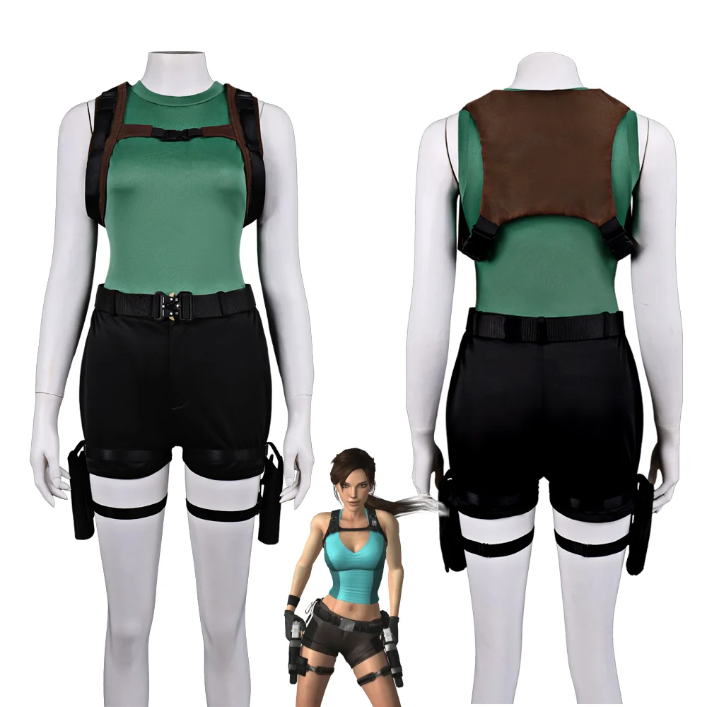 

Lara Croft Cosplay Costume Classic Tomb Raider Lara Outfit Female Adventurer Teal Top Black Shorts with Holsters Set Halloween