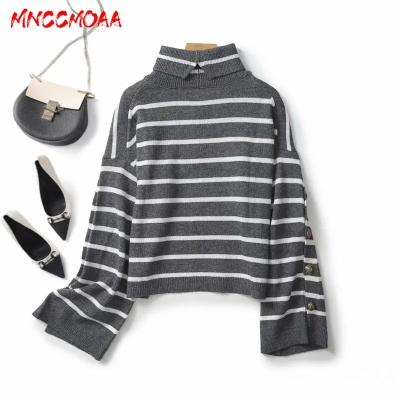 MNCCMOAA 2023 Autumn Winter Women Fashion Loose High Collar Striped Knitting Sweater Female Casual Long Sleeve Top Pullovers